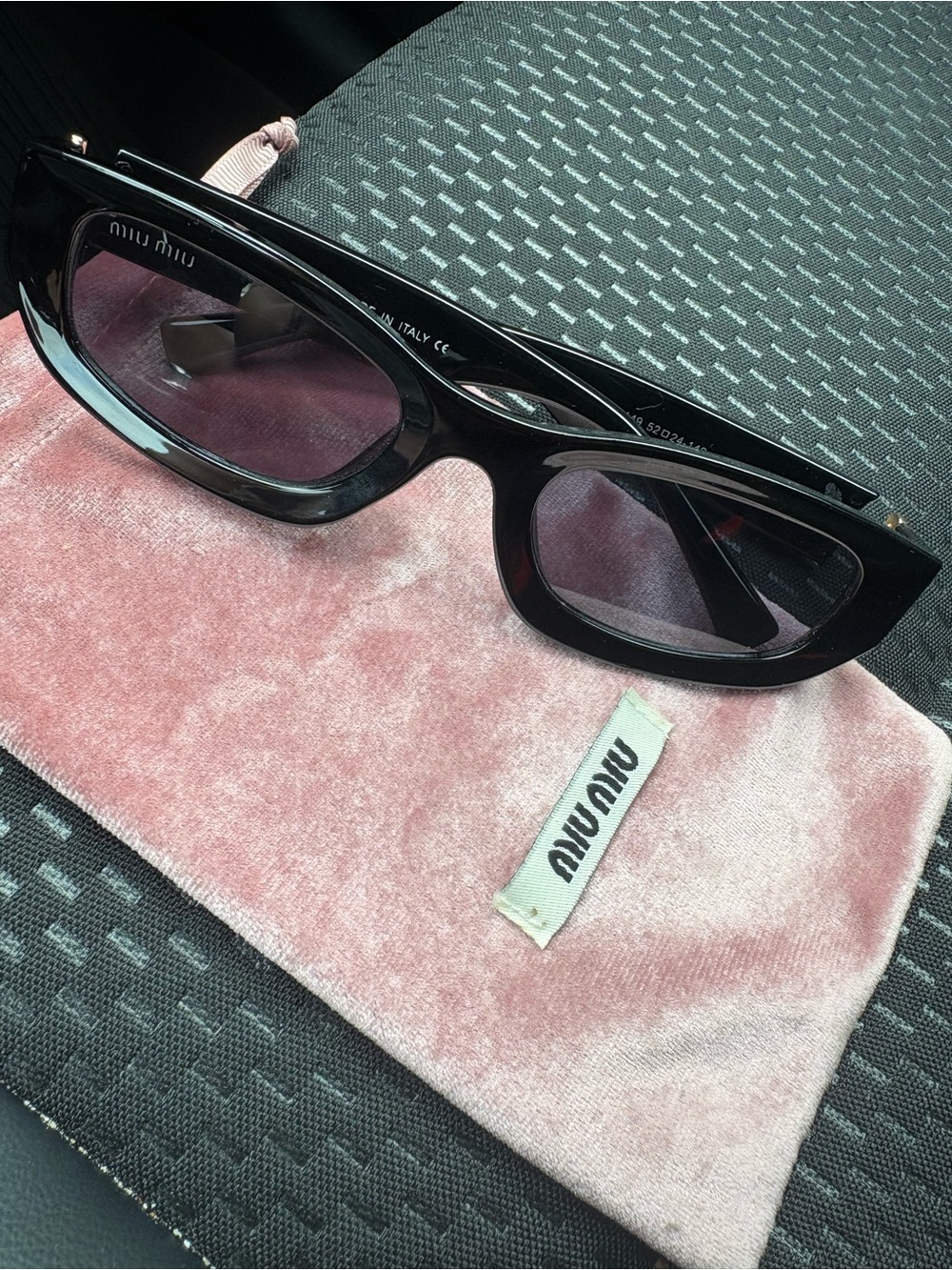 Miu Miu Black Cat-Eye Sunglasses with Pink Velvet Pouch